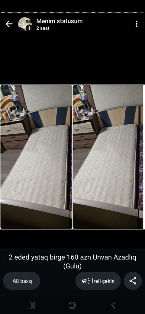 Tək nəfərlik çarpayı satılır 140₼. 1 ay işlənib.matras daxildir.ölçü — Mehdiabad