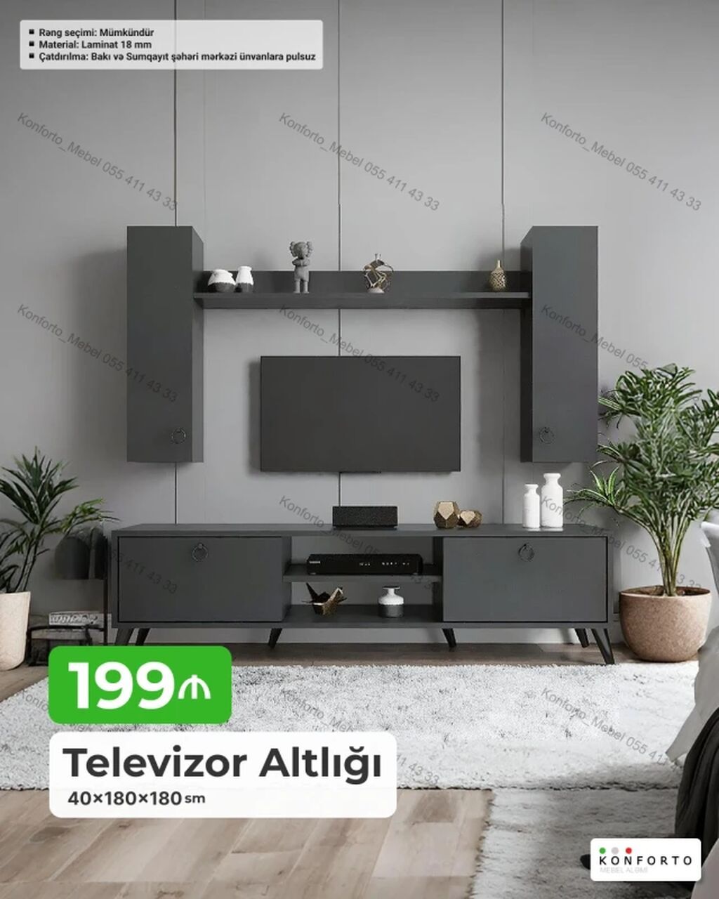 Televizor altlığı və asma modullar dəsti - Ölçü: 40×180×180 sm — Mebel, Bakı (3)