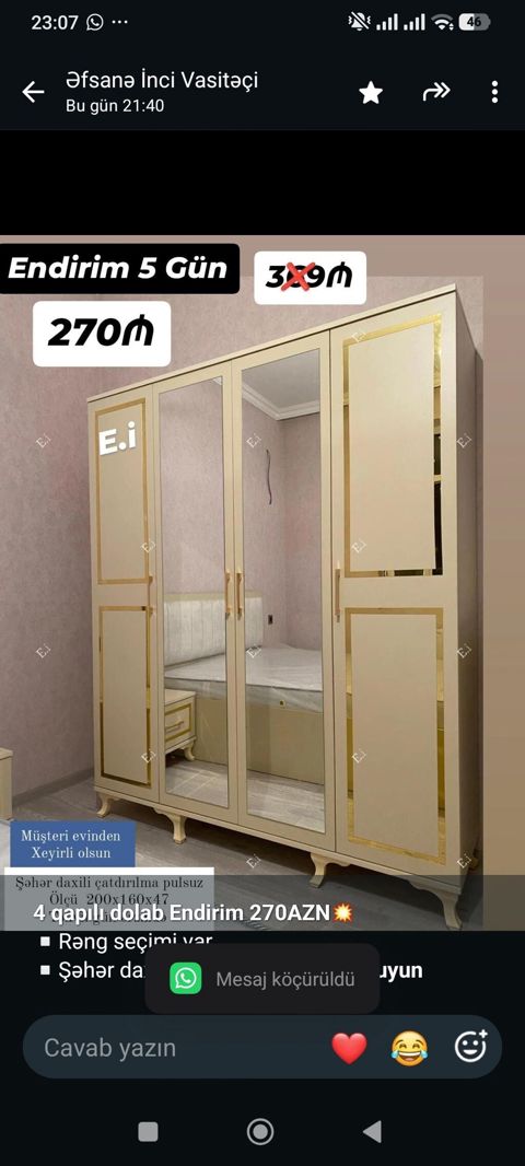*4 qapılı dolab Endirim 270AZN Rəng seçimi var Şəhər daxili — Bakı