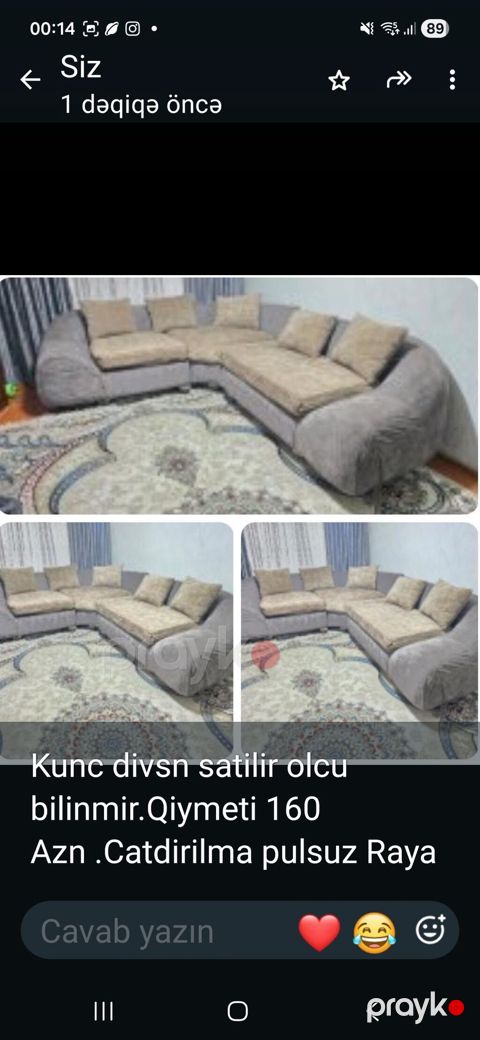 Künc divan satılır. Qonaq otağı üçün uyğun olan L formalı künc