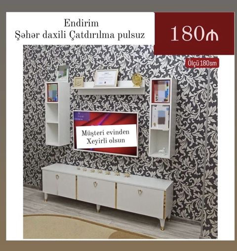 TV stendi və divar rəfi dəsti - Ölçü: 180 sm - Rəng: ağ — Bakı