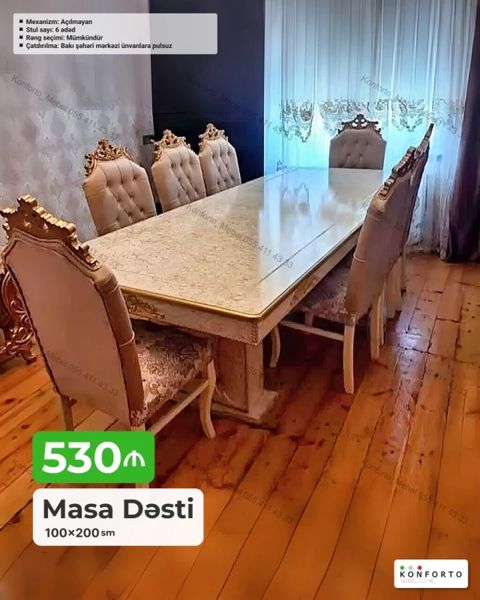 Məhsul: Masa Dəsti Ölçü: 100×200 sm Mekanizm: Açılmayan Stul — Bakı