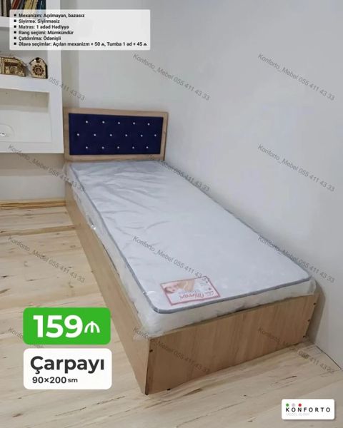 Təklif: Tək nəfərlik çarpayı – 90×200 sm - Mexanizm: Açılmayan — Bakı
