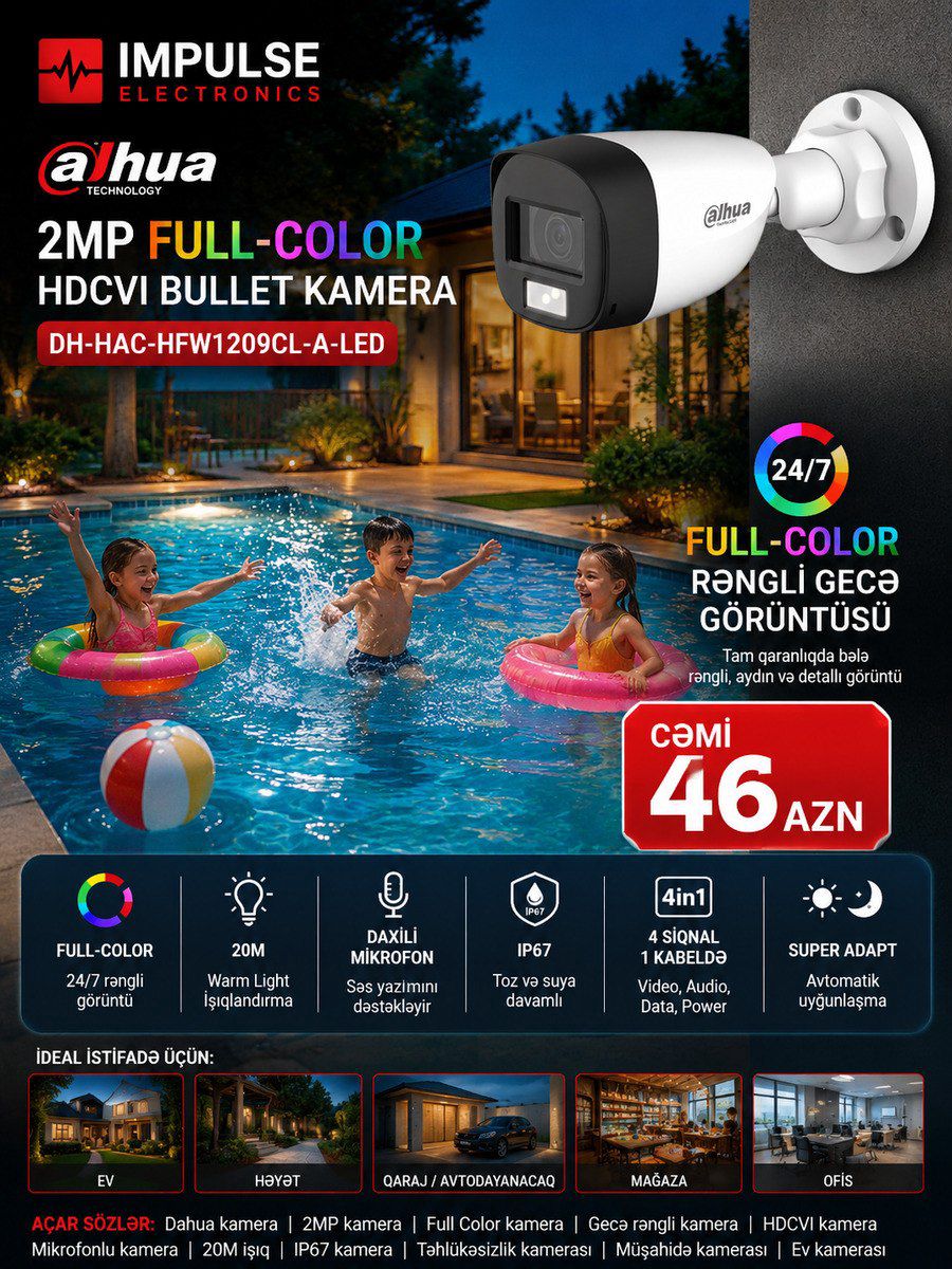 Dahua 2MP Kamera Full Color 20M Mikrofon IP67 — Təhlükəsizlik sistemləri, Bakı