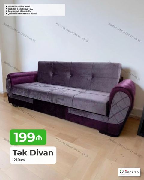 Tək divan – 210 sm - Mexanizm: açılan, bazalı (yataq funksiyalı) — Bakı