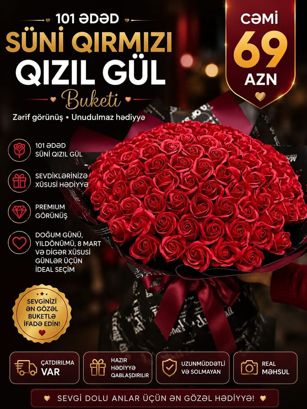 101 ədəd süni qırmızı qızıl güldən ibarət buket – Zərif və premium — Bitkilər, Bakı