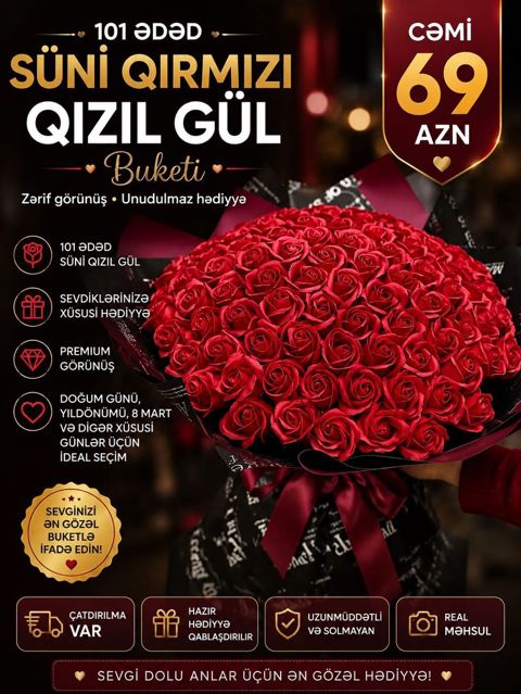 101 ədəd süni qırmızı qızıl güldən ibarət buket – Zərif və premium — Bakı