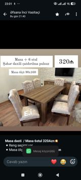 *Masa dəsti / Masa 6stul 320Azn Reng seçimi var Masa ölçü — Ürünler