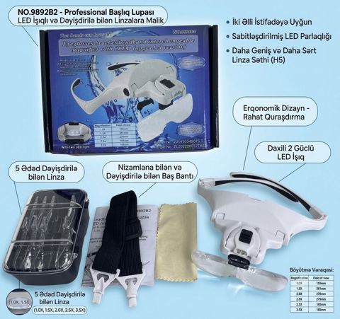 Peşəkar başlıq lupası – LED işıqlı və dəyişdirilə bilən linzalı model — Qobu