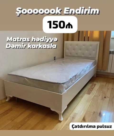 Ağ rəngli tək nəfərlik çarpayı - Başlıq hissəsi düyməli, yumşaq döşəmə — Bakı