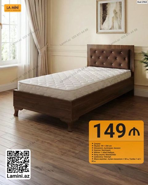 La Mini tək nəfərlik çarpayı – Kod: 2963 - Ölçü: 90 200 sm — Bakı