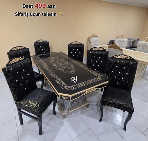 Zərif klassik üslubda yemək dəsti. Paketə 1 masa və 6 stul daxildir — Bakı