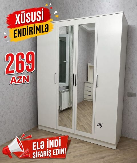 Ağ rəngdə, 4 qapılı paltar dolabı: - Ön hissədə 2 ədəd tam boy güzgü — Bakı