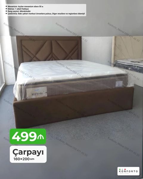 Çarpayı – 160×200 sm - Yumşaq başlıqla müasir dizayn - Komplektdə: 1 — Bakı