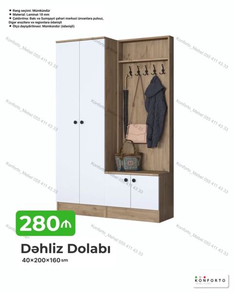 Dəhliz dolabı – 40×200×160 sm - Model: Dəhliz üçün kombinə edilmiş — Bakı