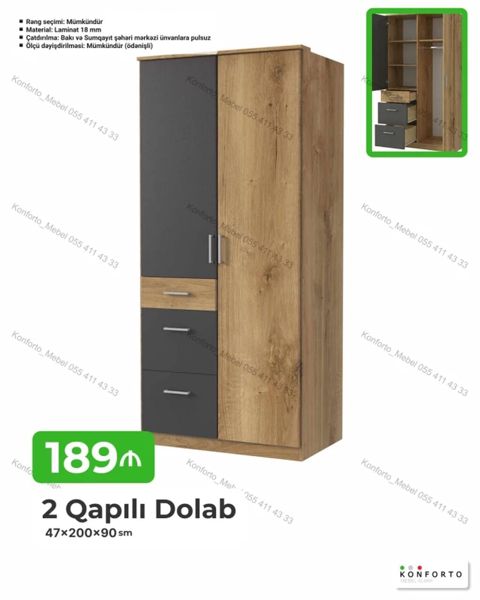 2 qapılı dolab – 47×200×90 sm - Korpus və önlər: 18 mm laminat - Rəng — Bakı