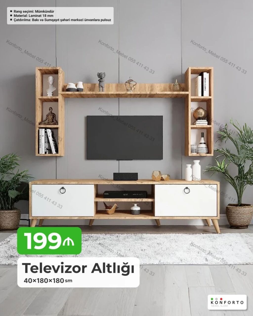 Televizor Altlığı – divar modulları ilə dəst - Ölçülər: 40×180×180 sm — Mebel, Bakı (2)