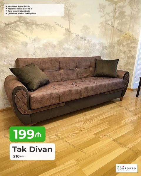 Məhsul: Tək divan – 210 sm - Mexanizm: açılan, bazalı (daxili sandıq) — Bakı