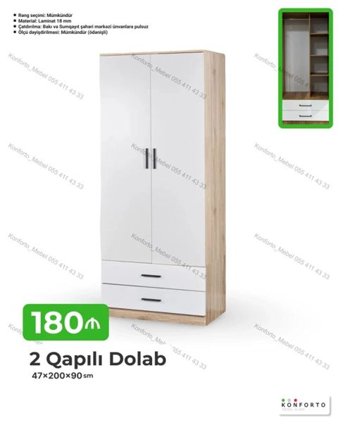 2 qapılı geyim dolabı — 47×200×90 sm - Daxili quruluş: bir tərəfdə — Bakı