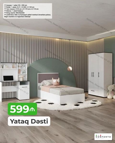 Yataq Dəsti – 599 Komplektə daxildir: - Çarpayı: 1 ədəd, 90×200 sm — Bakı