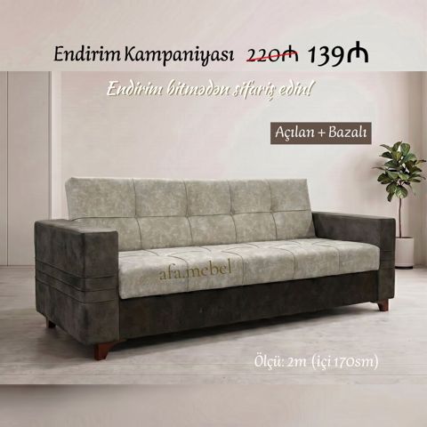 Açılan və bazalı divan - Ölçü: 2 m (yataq hissəsi: 170 sm) — Bakı