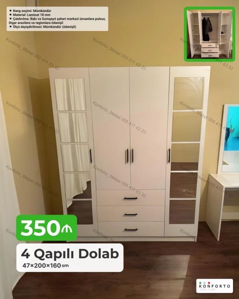 4 qapılı paltar dolabı - Ölçü: 47×200×160 sm - Material: 18 mm — Bakı