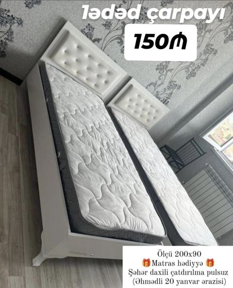 1 ədəd çarpayı – 150₼ - Ölçü: 200×90 sm - Rəng: ağ - Başlıq: düyməli — Bakı