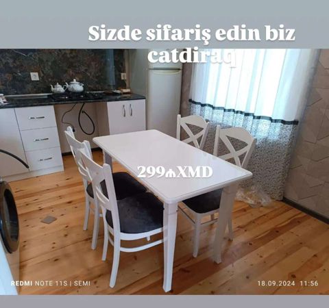 Ağ rəngdə yemək masası və 4 ədəd stul dəsti. - Dəst: 1 masa + 4 stul — Bakı