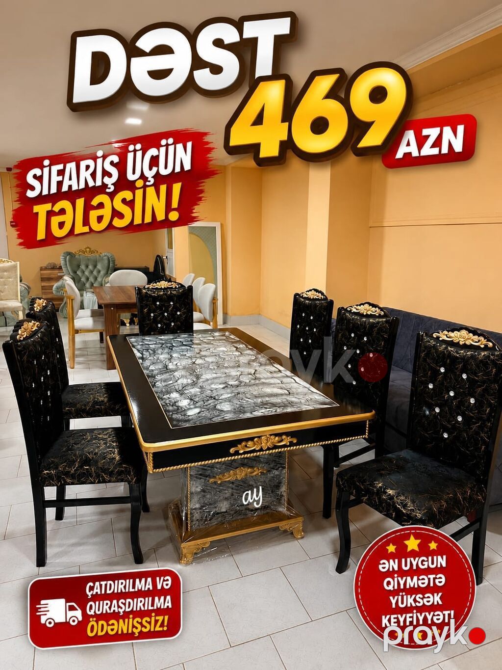 Mebel dəsti – yemək masası və 6 stul - Dəbdəbəli dizayn: qara-qızılı — Mebel, Bakı