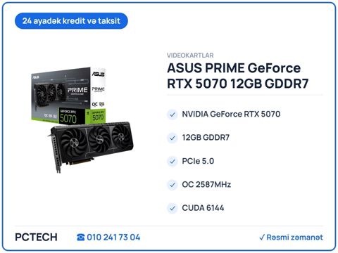 ASUS prıme GeForce RTX 5070 12GB GDDR7 oc Edition (PRIME-RTX5070-O12G) — Bakı
