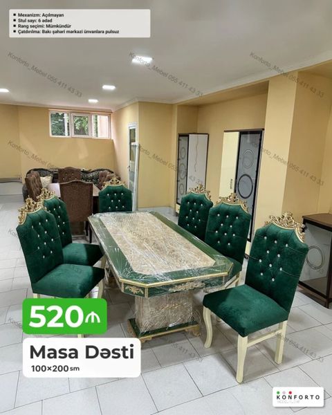 Masa dəsti – 100×200 sm - Masa mexanizmi: Açılmayan - Stul sayı: 6 — Bakı