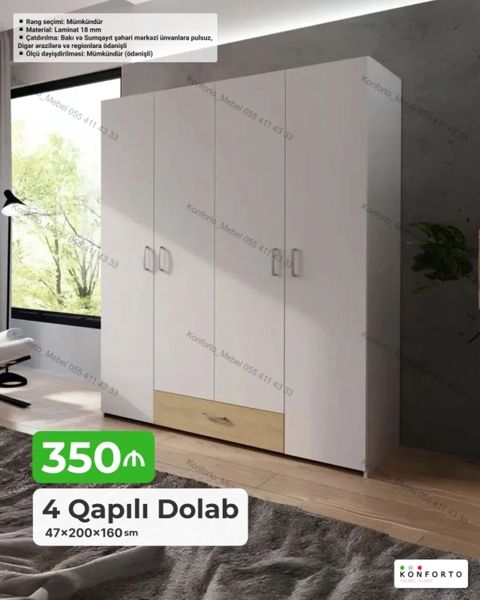 4 qapılı geyim dolabı - Ölçü: 47 200 160 sm - Material: 18 mm — Bakı