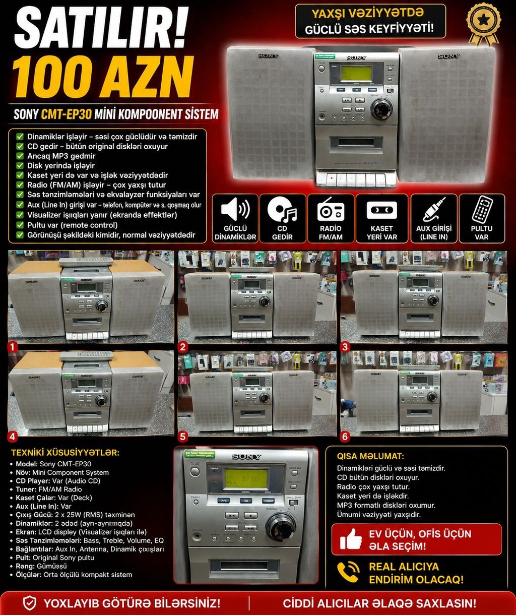 Sony CMT-EP30 mini kompo­nent sistem Xüsusiyyətlər: - Güclü və təmiz — Elektronika, Bakı (2)