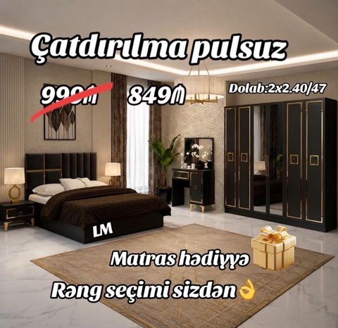 Yataq otağı dəsti Tərkib: - 2 qapılı güzgülü iri qarderob (ölçü: 2 x — Bakı
