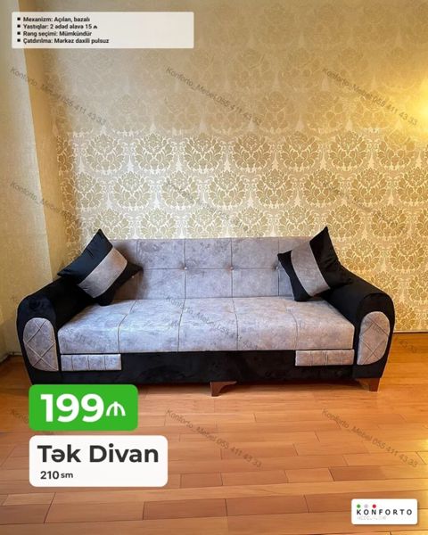 Tək divan – 210 sm Xüsusiyyətlər: - Mexanizm: açılan, bazalı (yataq — Bakı