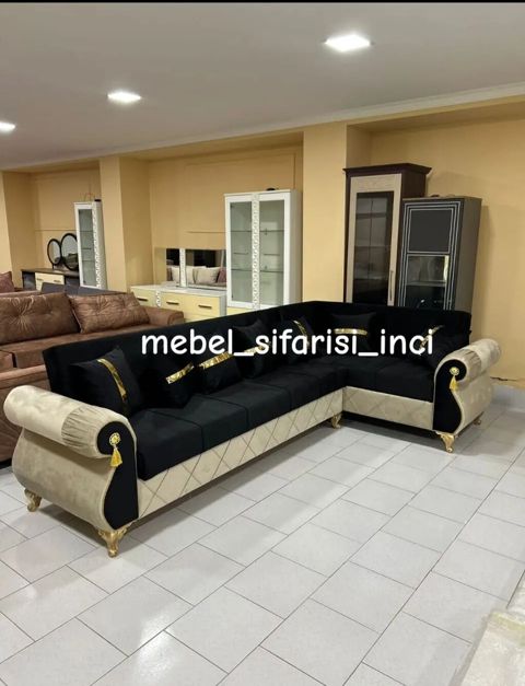 L formalı künc divan dəsti - Rəng: qara oturacaq-hissə + krem/bej — Bakı