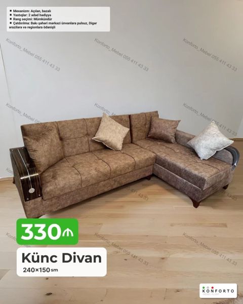 Künc Divan – 240×150 sm - Açılıb-yığılan mexanizm, bazalı — Bakı