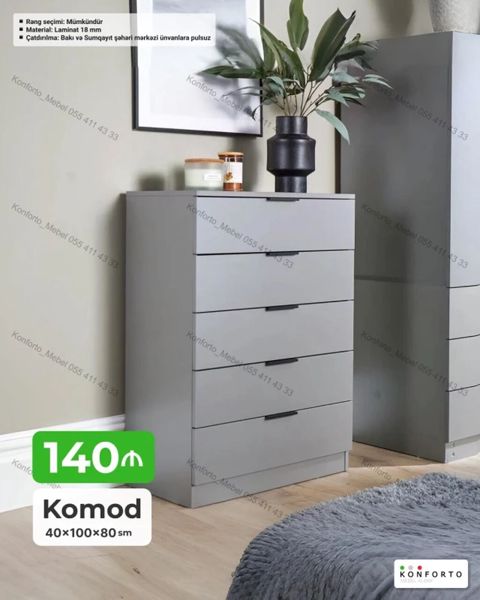 Komod – 40×100×80 sm - Minimalist dizayn, tutacaqlı 5 çekmece — Bakı