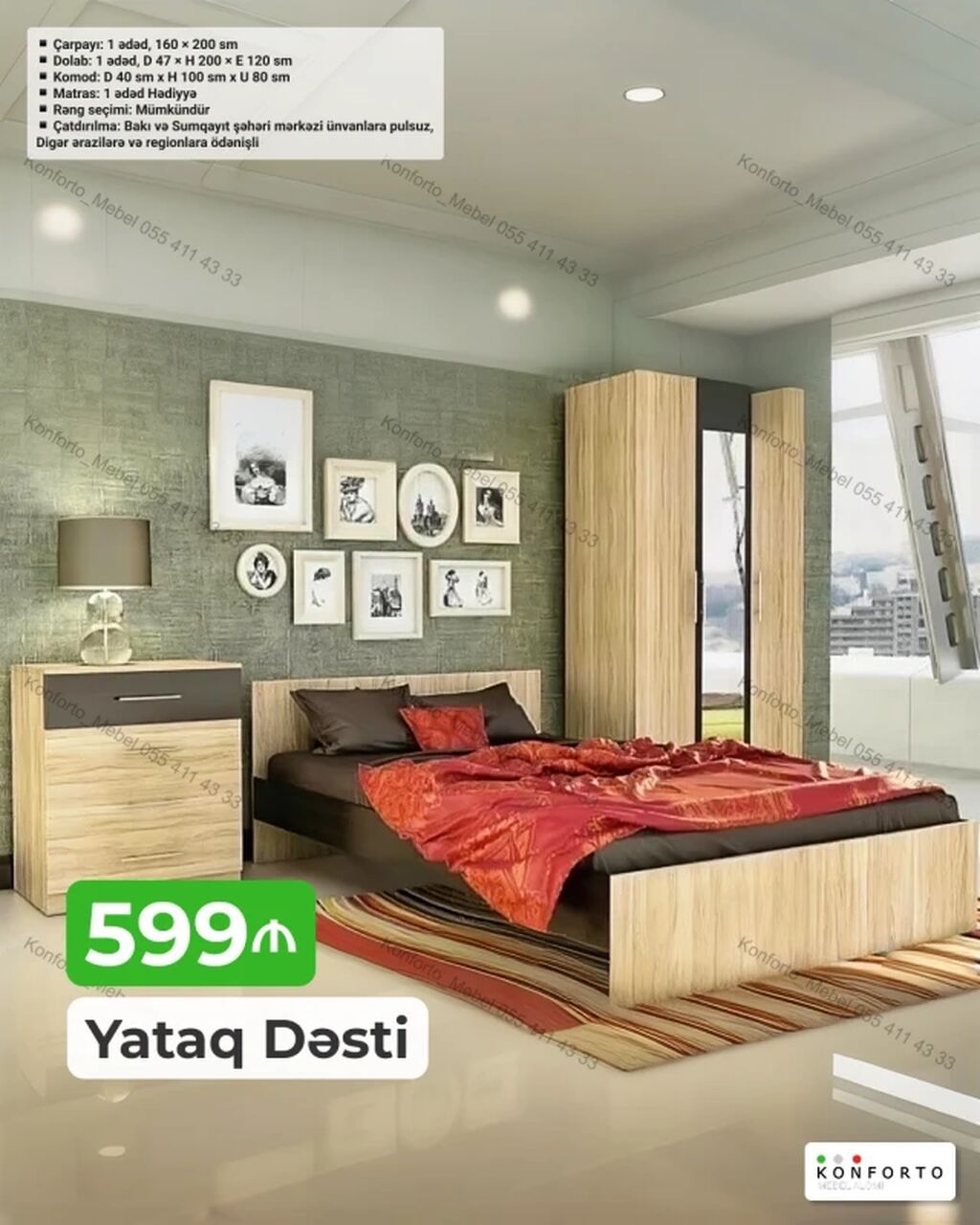 Yataq Dəsti – Komplekt mebel Variant 1 – 650 Tərkibi: - Çarpayı: 1 — Mebel, Bakı (2)