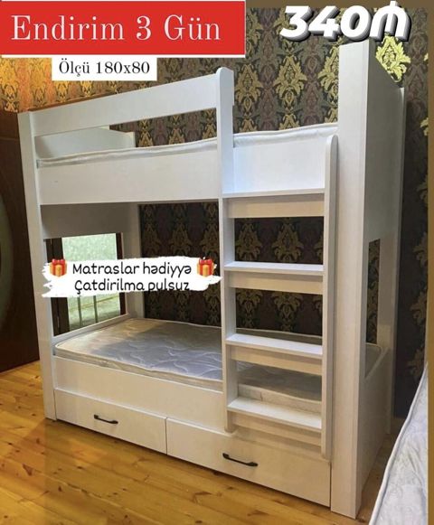 Ağ rəngli, ikimərtəbəli uşaq çarpayısı - Ölçü: 180x80 - Yan tərəflərdə — Bakı