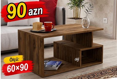 Masaüstü çay/Qəlyanaltı masası – 60×90 - Material: ağac fakturalı — Bakı