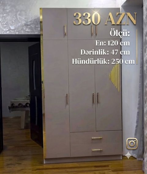 Yeni, 3 qapılı, Güzgülü, Boz, Açılan, Düz dolab