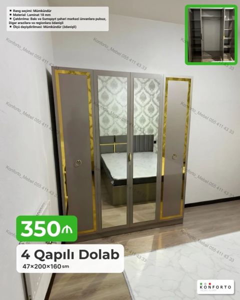 4 qapılı paltar dolabı – 47×200×160 sm - Model: 4 qapılı, ortada — Bakı