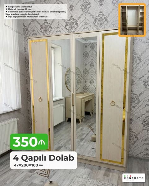 4 qapılı geyim dolabı - Ölçü: 47×200×160 sm - Material: 18 mm laminat — Bakı