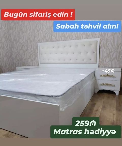 Ağ rəngdə müasir yataq dəsti: - Yumşaq kapitone başlıq, dekorativ — Bakı