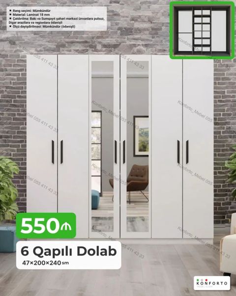 6 qapılı dolab – 47×200×240 sm Xüsusiyyətlər: - Material: 18 mm — Bakı