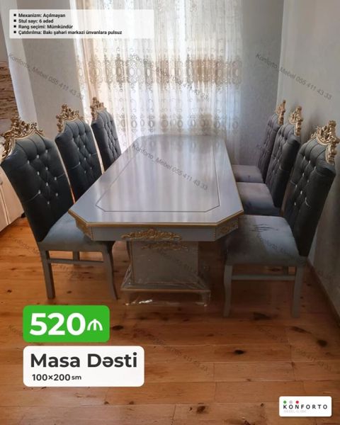 Məhsul: Masa dəsti - Ölçü: 100×200 sm - Stul sayı: 6 ədəd - Mexanizm — Bakı