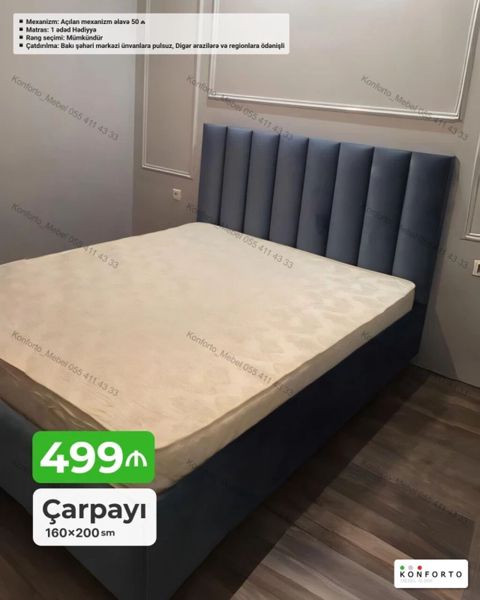 Çarpayı – 160×200 sm - Yumşaq, dik panelli başlıqla müasir dizayn — Bakı