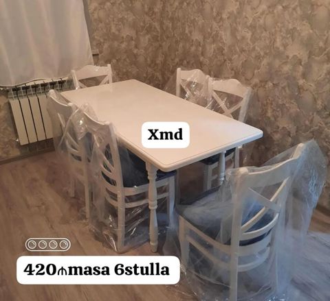 Ağ rəngdə yemək otağı dəsti: - 1 düzbucaqlı masa - 6 ədəd uyğun — Bakı