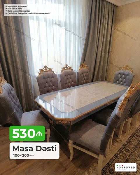 Masa Dəsti – 100×200 sm - Dəst tərkibi: 1 ədəd düzbucaqlı masa + 6 — Bakı